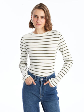 LCWAIKIKI Basic Yeşil Bisiklet Yaka Çizgili Kadın Body