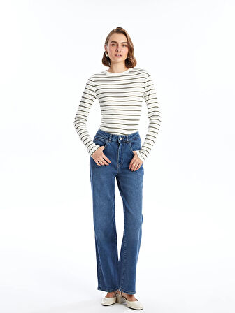 LCWAIKIKI Basic Yeşil Bisiklet Yaka Çizgili Kadın Body