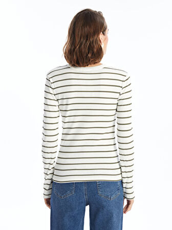 LCWAIKIKI Basic Yeşil Bisiklet Yaka Çizgili Kadın Body