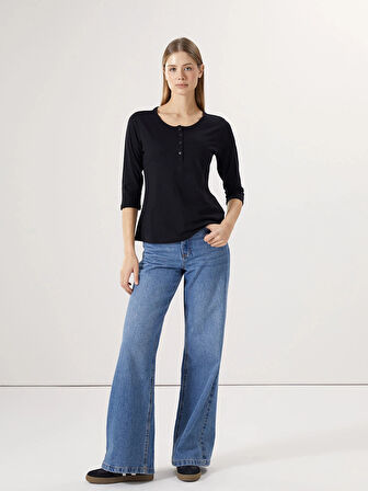 LCWAIKIKI Basic Siyah Bisiklet Yaka Kadın Tişört