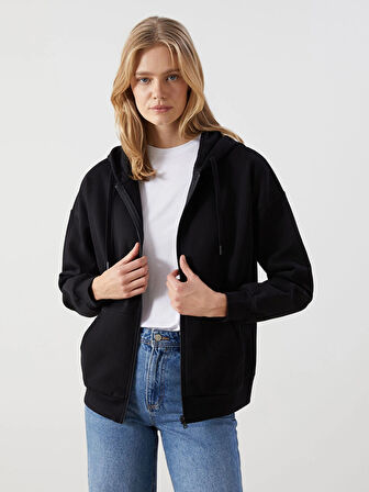 LCW Modest Siyah Kapüşonlu Oversize Kadın Fermuarlı Sweatshirt