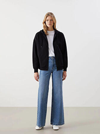 LCW Modest Siyah Kapüşonlu Oversize Kadın Fermuarlı Sweatshirt