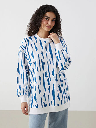 LCW Modest Mavi Bisiklet Yaka Desenli Kadın Sweatshirt Tunik