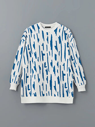 LCW Modest Mavi Bisiklet Yaka Desenli Kadın Sweatshirt Tunik