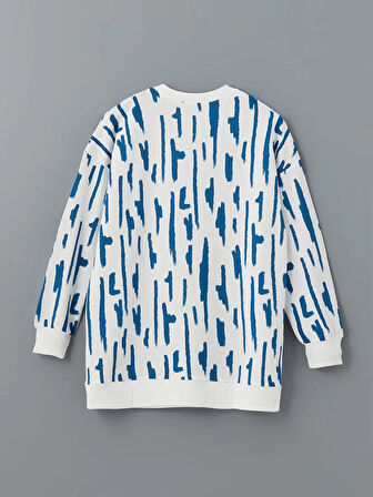 LCW Modest Mavi Bisiklet Yaka Desenli Kadın Sweatshirt Tunik