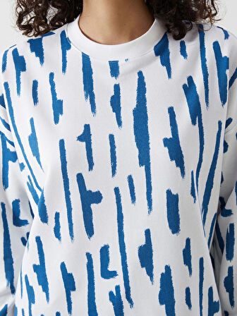 LCW Modest Mavi Bisiklet Yaka Desenli Kadın Sweatshirt Tunik