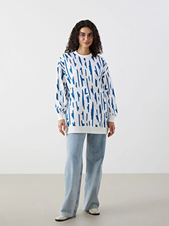 LCW Modest Mavi Bisiklet Yaka Desenli Kadın Sweatshirt Tunik