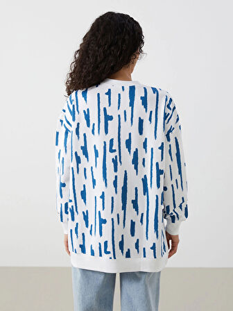 LCW Modest Mavi Bisiklet Yaka Desenli Kadın Sweatshirt Tunik