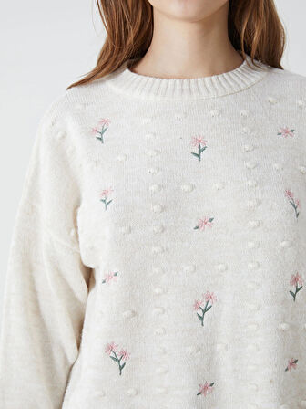 LCW Modest Ekru Bisiklet Yaka Çiçek Nakışlı Kadın Triko Tunik