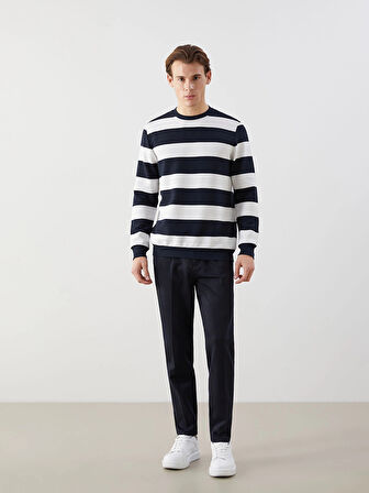 LCWAIKIKI Classic Lacivert Bisiklet Yaka Uzun Kollu Çizgili Erkek Sweatshirt