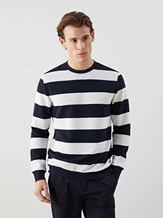 LCWAIKIKI Classic Lacivert Bisiklet Yaka Uzun Kollu Çizgili Erkek Sweatshirt