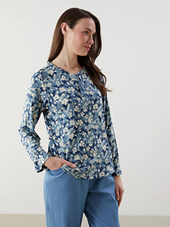 LCW Grace Mavi Bağlamalı Yaka Çiçekli Kadın Bluz