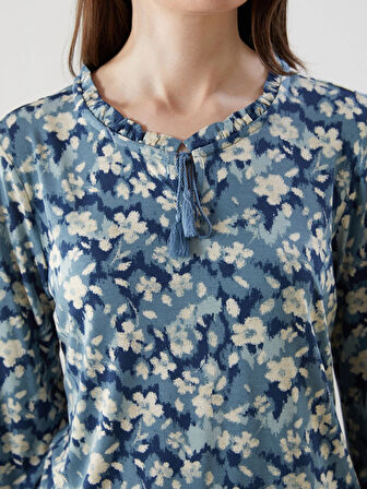 LCW Grace Mavi Bağlamalı Yaka Çiçekli Kadın Bluz