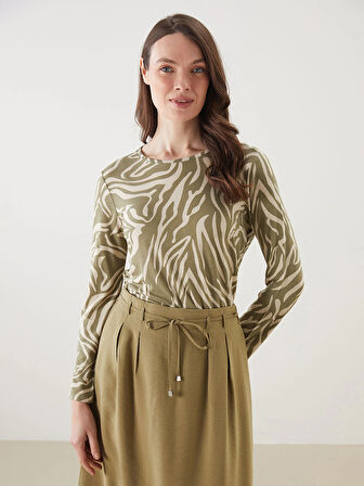 LCW Grace Bej Bisiklet Yaka Desenli Kadın Tişört