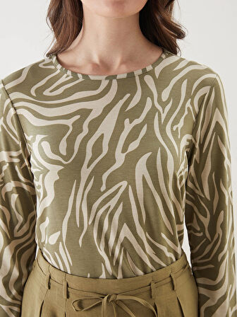 LCW Grace Bej Bisiklet Yaka Desenli Kadın Tişört