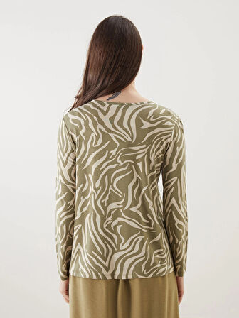 LCW Grace Bej Bisiklet Yaka Desenli Kadın Tişört