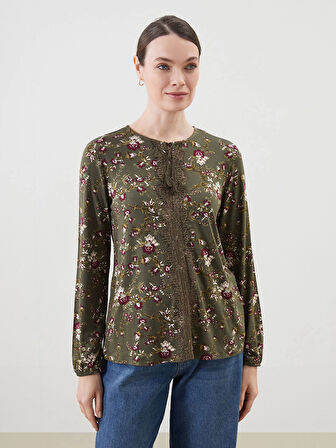LCW Grace HAKİ Bağlamalı Yaka Çiçekli Kadın Bluz