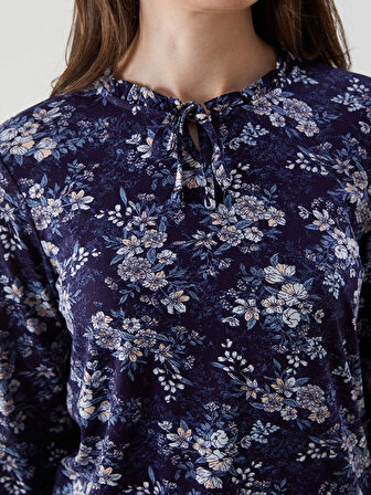 LCW Grace Lacivert Bağlamalı Yaka Çiçekli Bluz