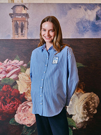 LCW Comfort MAVİ Çiçekli Oversize Poplin Kadın Gömlek