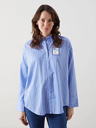 LCW Comfort MAVİ Çiçekli Oversize Poplin Kadın Gömlek