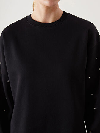 LCW Modest Siyah Bisiklet Yaka Parlak Taşlı Kadın Kalın Sweatshirt Tunik