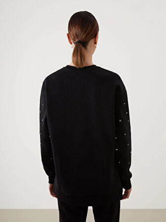 LCW Modest Siyah Bisiklet Yaka Parlak Taşlı Kadın Kalın Sweatshirt Tunik