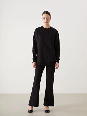 LCW Modest Siyah Bisiklet Yaka Parlak Taşlı Kadın Kalın Sweatshirt Tunik