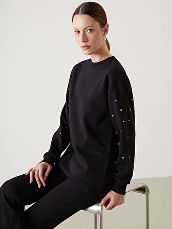 LCW Modest Siyah Bisiklet Yaka Parlak Taşlı Kadın Kalın Sweatshirt Tunik