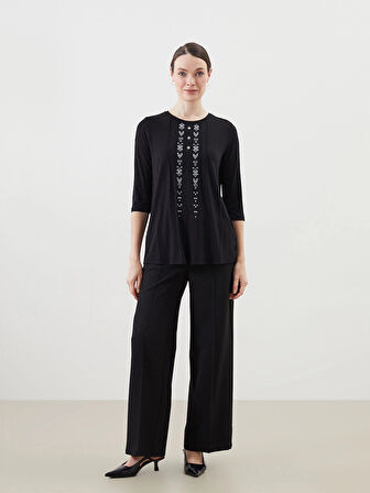 LCW Grace Siyah Bisiklet Yaka Desenli Kadın Bluz