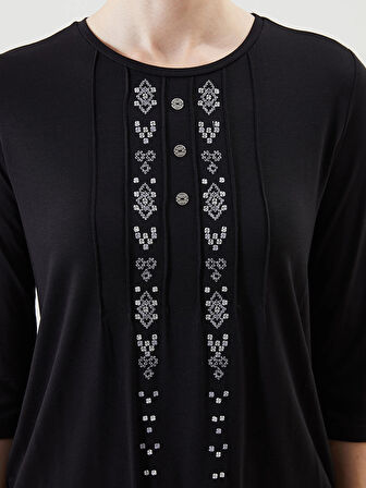 LCW Grace Siyah Bisiklet Yaka Desenli Kadın Bluz