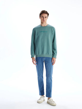 LCWAIKIKI Classic Yeşil Bisiklet Yaka Uzun Kollu Baskılı Erkek Sweatshirt