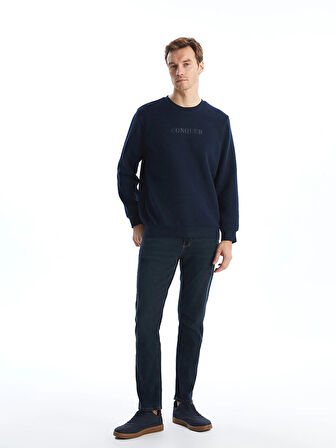 LCWAIKIKI Classic Lacivert Bisiklet Yaka Uzun Kollu Baskılı Erkek Sweatshirt