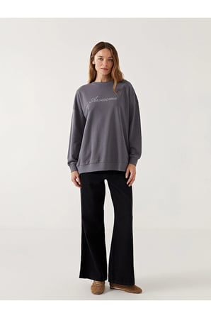 LCWK Bisiklet Yaka Taş Baskılı Oversize Kadın Sweatshirt Tunik