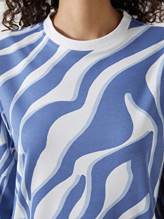 LCW Modest Mavi Bisiklet Yaka Desenli Kadın Sweatshirt Tunik