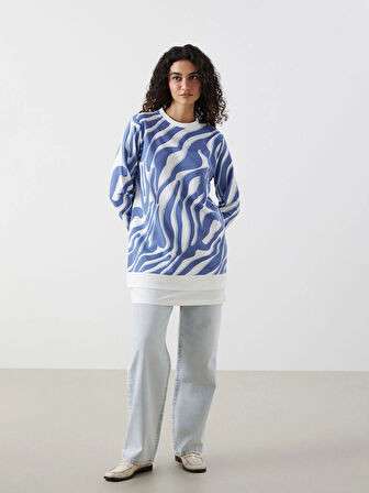 LCW Modest Mavi Bisiklet Yaka Desenli Kadın Sweatshirt Tunik