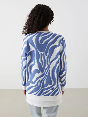 LCW Modest Mavi Bisiklet Yaka Desenli Kadın Sweatshirt Tunik