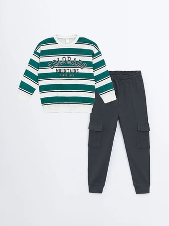 LCW Kids Bej Bisiklet Yaka Erkek Çocuk Sweatshirt ve Eşofman Alt 2'li
