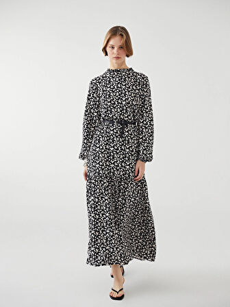 LCW Modest SİYAH Dik Yaka Desenli Kadın Elbise