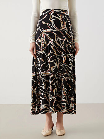 LCW Grace Siyah Beli Lastikli Desenli Kadın Etek