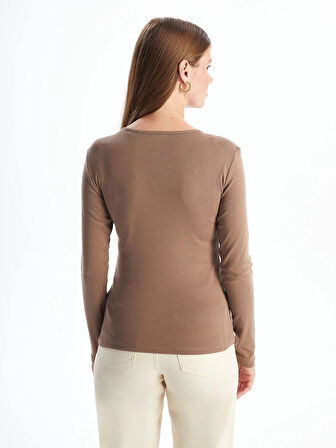 LCWAIKIKI Classic Kahverengi Bisiklet Yaka Düz Uzun Kollu Kadın Body