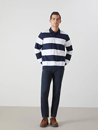 LCWAIKIKI Basic Lacivert Polo Yaka Uzun Kollu Çizgili Erkek Sweatshirt