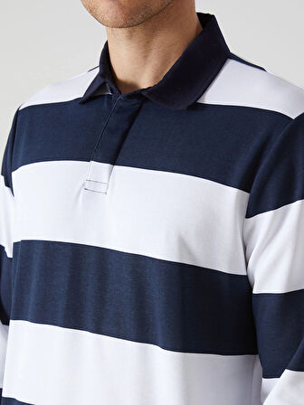 LCWAIKIKI Basic Lacivert Polo Yaka Uzun Kollu Çizgili Erkek Sweatshirt