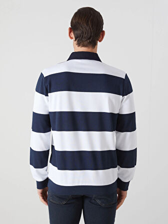 LCWAIKIKI Basic Lacivert Polo Yaka Uzun Kollu Çizgili Erkek Sweatshirt