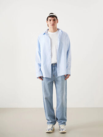 XSIDE Mavi Regular Fit Uzun Kollu Çizgili Keten Karışımlı Erkek Gömlek