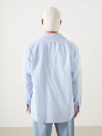 XSIDE Mavi Regular Fit Uzun Kollu Çizgili Keten Karışımlı Erkek Gömlek