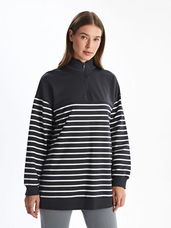 LCW Modest GRİ Dik Yaka Çizgili Kadın Sweatshirt Tunik