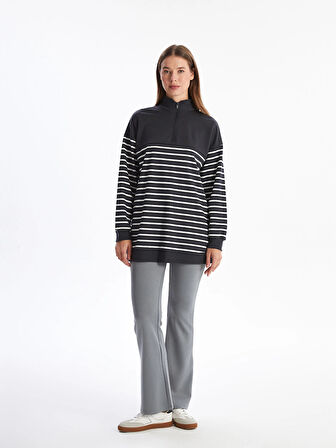 LCW Modest GRİ Dik Yaka Çizgili Kadın Sweatshirt Tunik