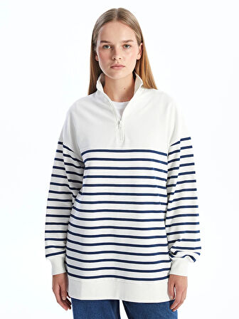 LCW Modest Lacivert Dik Yaka Çizgili Kadın Sweatshirt Tunik