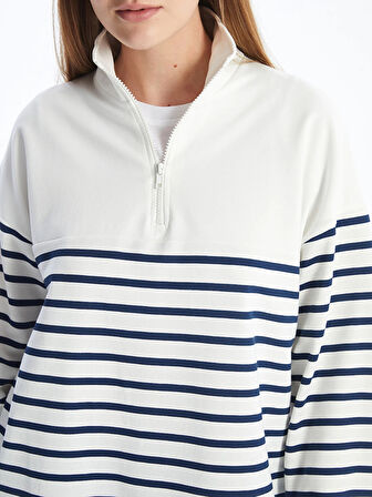 LCW Modest Lacivert Dik Yaka Çizgili Kadın Sweatshirt Tunik