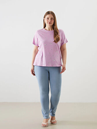 LCWAIKIKI Classic Lila Bisiklet Yaka Desenli Kadın Tişört